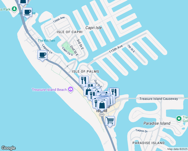 map of restaurants, bars, coffee shops, grocery stores, and more near 11211 3rd Street East in Treasure Island