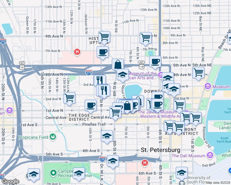 map of restaurants, bars, coffee shops, grocery stores, and more near 233 8th Street North in St. Petersburg