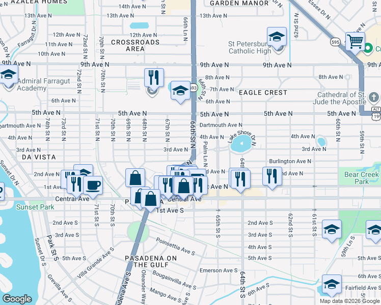 map of restaurants, bars, coffee shops, grocery stores, and more near 6544 Pasadena Avenue North in St. Petersburg