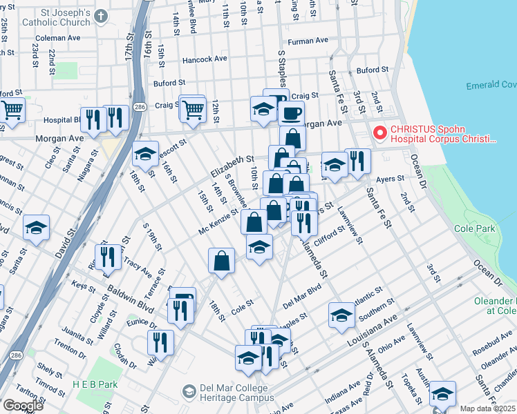 map of restaurants, bars, coffee shops, grocery stores, and more near 1609 South Brownlee Boulevard in Corpus Christi