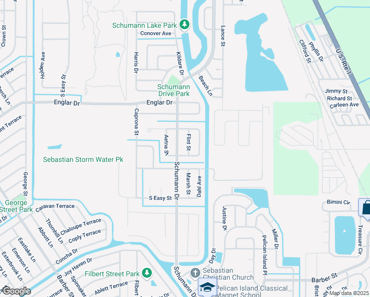 map of restaurants, bars, coffee shops, grocery stores, and more near 102 Flint Street in Sebastian