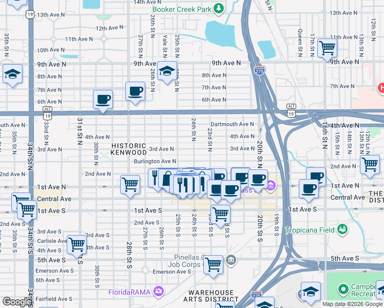 map of restaurants, bars, coffee shops, grocery stores, and more near 2435 Burlington Avenue North in St. Petersburg