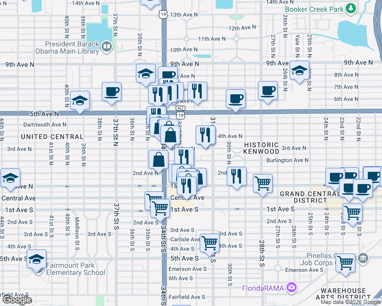 map of restaurants, bars, coffee shops, grocery stores, and more near 250298 32nd Street North in St. Petersburg