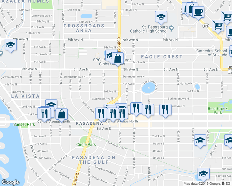 map of restaurants, bars, coffee shops, grocery stores, and more near 6645 Burlington Avenue North in St. Petersburg