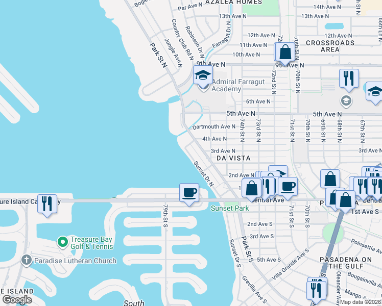 map of restaurants, bars, coffee shops, grocery stores, and more near 267 Sunset Drive North in St. Petersburg