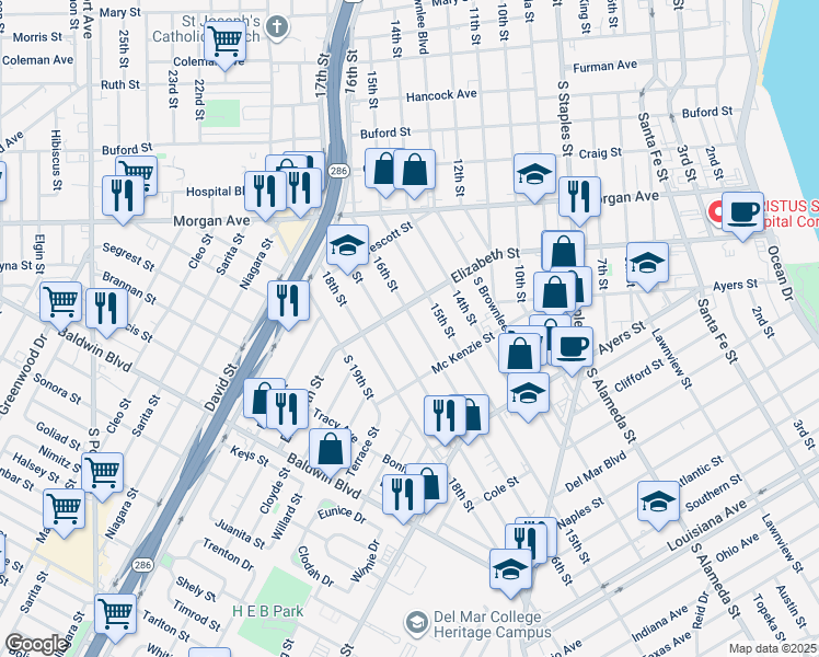 map of restaurants, bars, coffee shops, grocery stores, and more near 1514 17th Street in Corpus Christi
