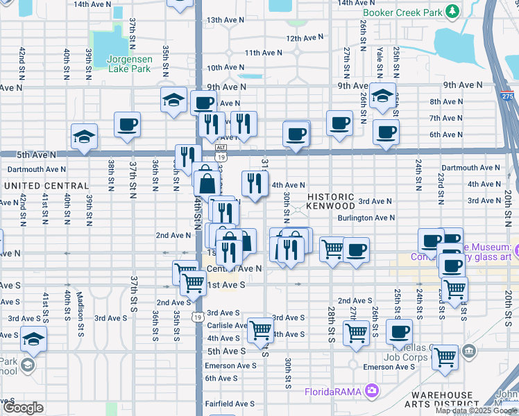map of restaurants, bars, coffee shops, grocery stores, and more near 3155 Burlington Avenue North in St. Petersburg