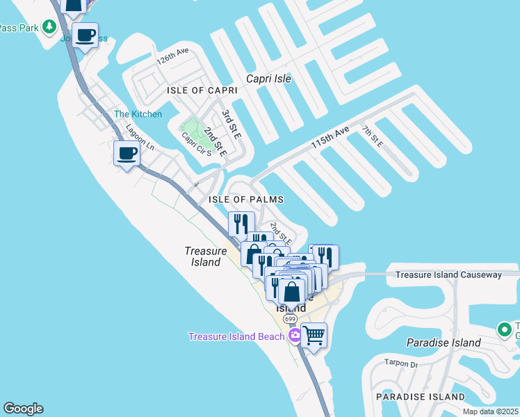 map of restaurants, bars, coffee shops, grocery stores, and more near 11295 1st Street East in Treasure Island