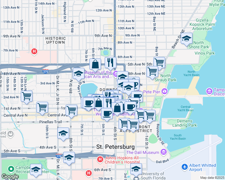 map of restaurants, bars, coffee shops, grocery stores, and more near 232 4th St N in St Petersburg