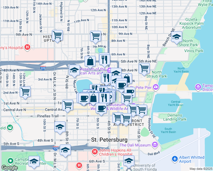 map of restaurants, bars, coffee shops, grocery stores, and more near 249 5th Street North in St. Petersburg