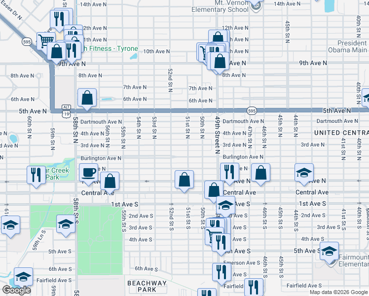 map of restaurants, bars, coffee shops, grocery stores, and more near 5101 Burlington Avenue North in St. Petersburg