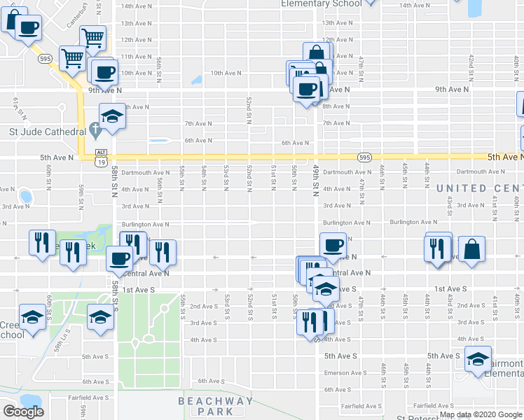 map of restaurants, bars, coffee shops, grocery stores, and more near 5138 3rd Avenue North in Saint Petersburg
