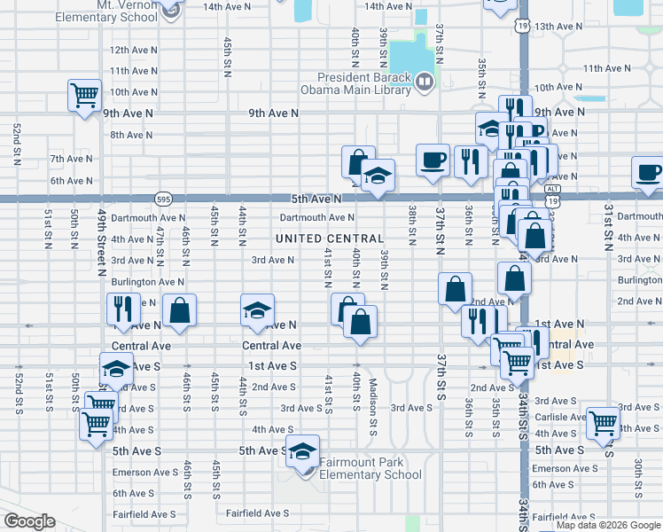 map of restaurants, bars, coffee shops, grocery stores, and more near 4105 Burlington Avenue North in St. Petersburg