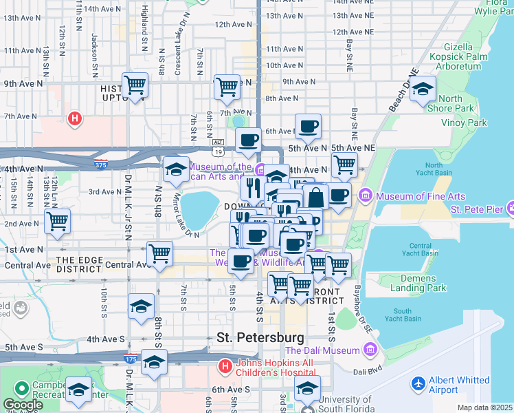 map of restaurants, bars, coffee shops, grocery stores, and more near 219 4th Street North in St. Petersburg
