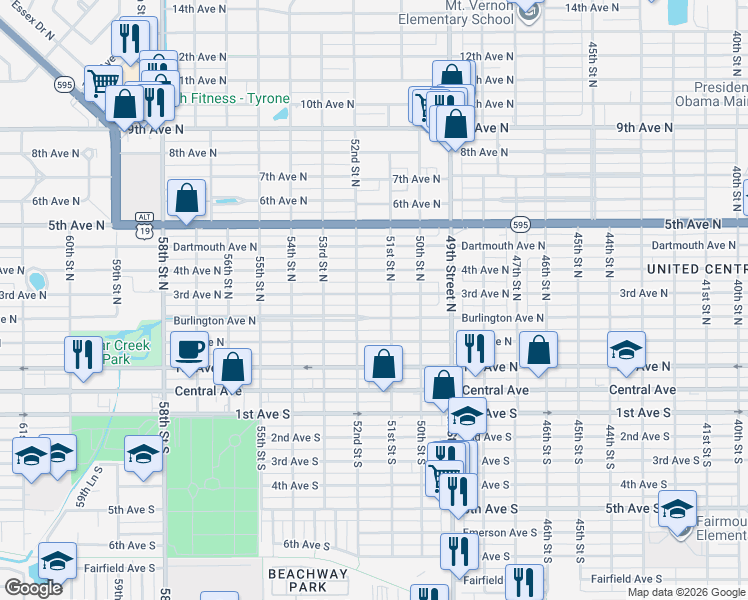 map of restaurants, bars, coffee shops, grocery stores, and more near 5138 3rd Avenue North in St. Petersburg