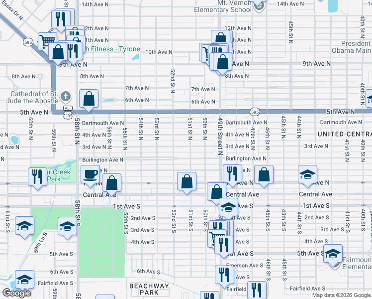 map of restaurants, bars, coffee shops, grocery stores, and more near 5112 3rd Avenue North in St. Petersburg
