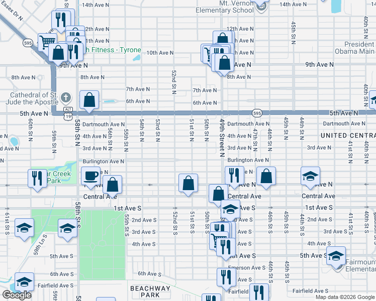 map of restaurants, bars, coffee shops, grocery stores, and more near 5112 3rd Avenue North in St. Petersburg