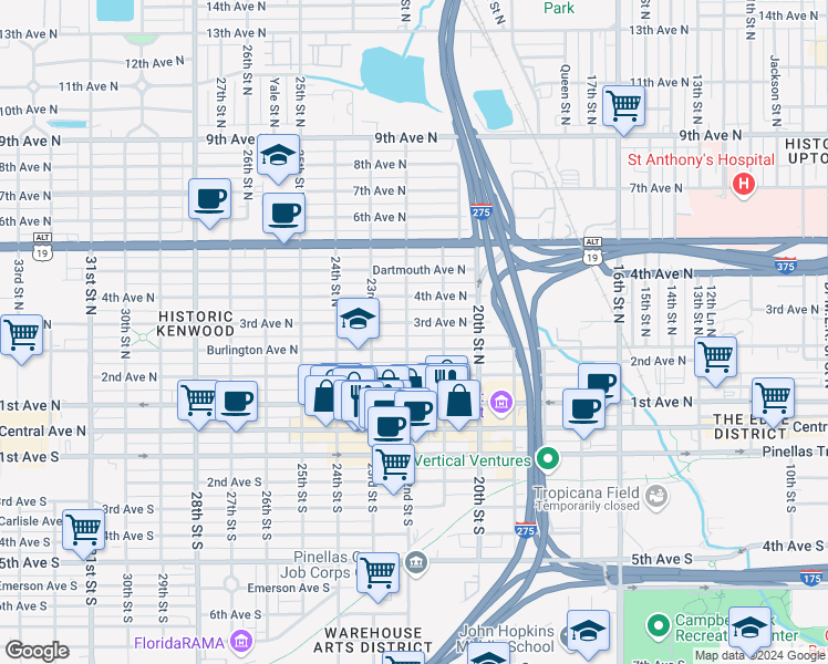 map of restaurants, bars, coffee shops, grocery stores, and more near 2217 Burlington Avenue North in St. Petersburg