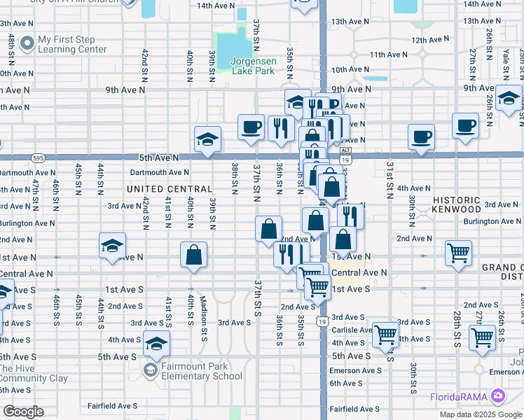 map of restaurants, bars, coffee shops, grocery stores, and more near 3645 Burlington Avenue North in St. Petersburg