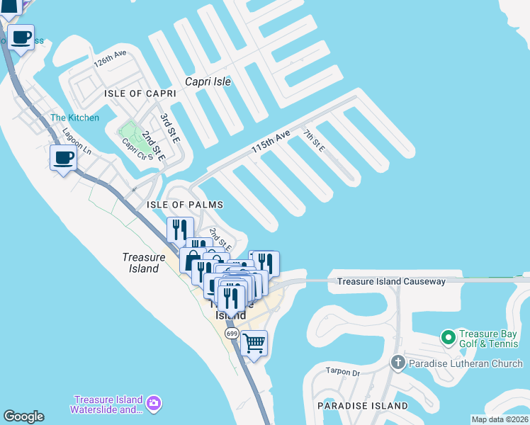 map of restaurants, bars, coffee shops, grocery stores, and more near 11120 4th Street East in Treasure Island