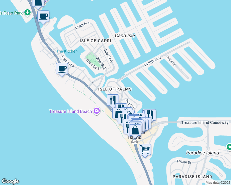map of restaurants, bars, coffee shops, grocery stores, and more near 11295 1st Street East in Treasure Island