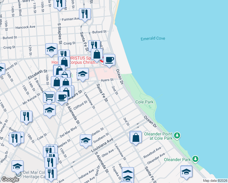 map of restaurants, bars, coffee shops, grocery stores, and more near 1810 2nd Street in Corpus Christi