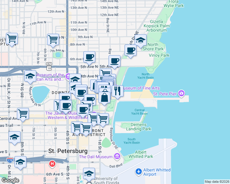 map of restaurants, bars, coffee shops, grocery stores, and more near 255 Beach Drive Northeast in Saint Petersburg