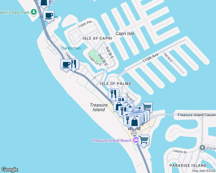 map of restaurants, bars, coffee shops, grocery stores, and more near 11440 1st Street East in Treasure Island