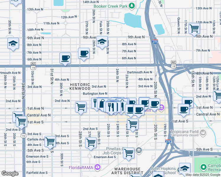 map of restaurants, bars, coffee shops, grocery stores, and more near 2435 Burlington Avenue North in St. Petersburg