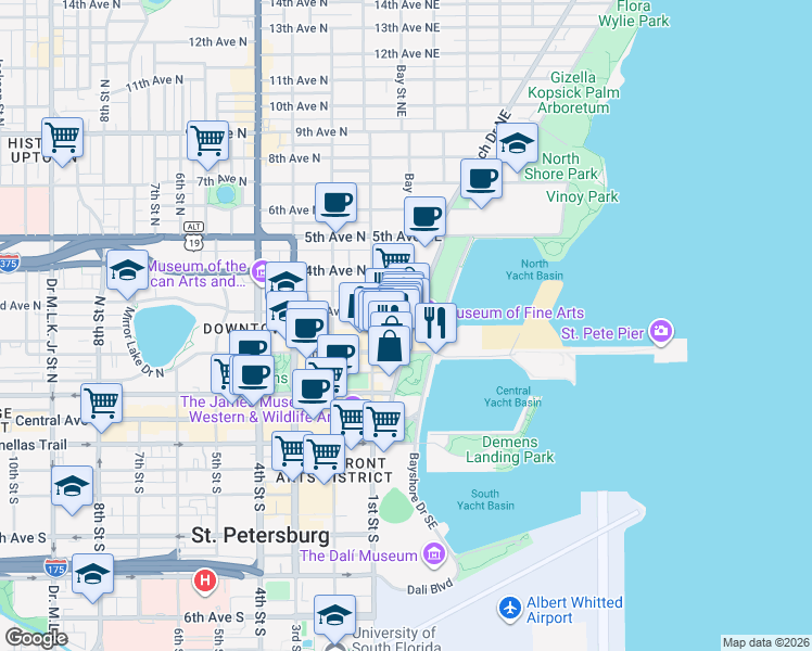 map of restaurants, bars, coffee shops, grocery stores, and more near 238 Beach Drive Northeast in St. Petersburg