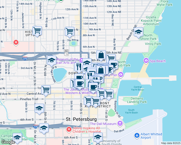 map of restaurants, bars, coffee shops, grocery stores, and more near 231 2nd Avenue North in St. Petersburg