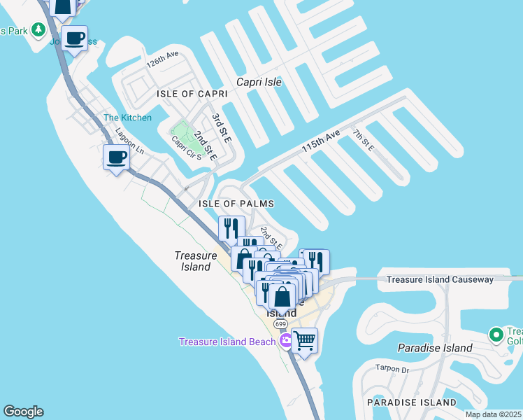 map of restaurants, bars, coffee shops, grocery stores, and more near 11255 3rd Street East in Treasure Island
