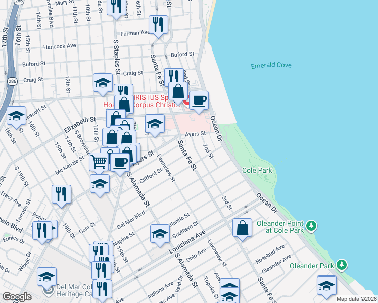 map of restaurants, bars, coffee shops, grocery stores, and more near 1749 3rd Street in Corpus Christi