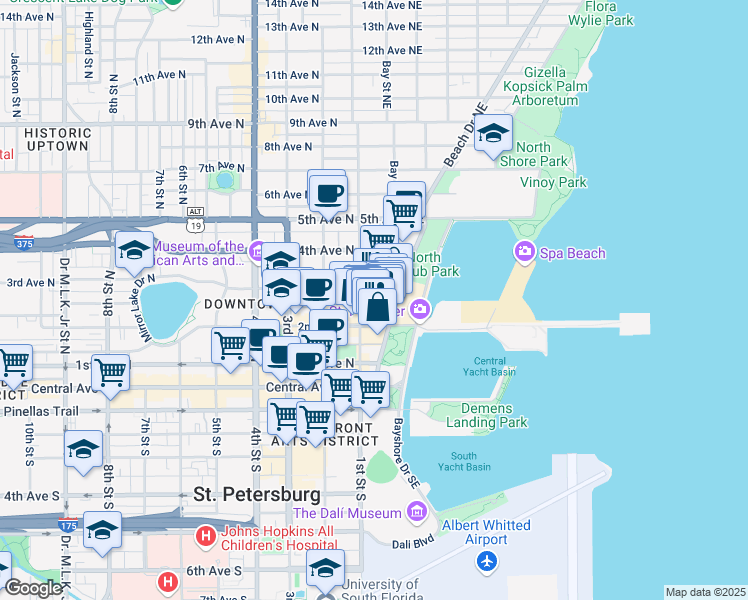 map of restaurants, bars, coffee shops, grocery stores, and more near 111 2nd Avenue Northeast in St. Petersburg