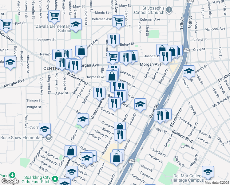 map of restaurants, bars, coffee shops, grocery stores, and more near 2641 South Port Avenue in Corpus Christi