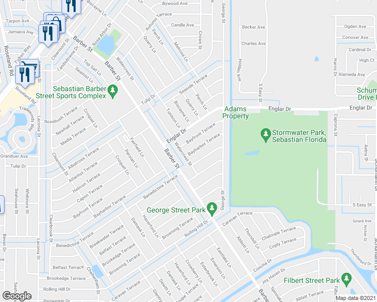 map of restaurants, bars, coffee shops, grocery stores, and more near 257 Watercrest Street in Sebastian