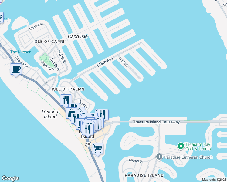map of restaurants, bars, coffee shops, grocery stores, and more near 11050 5th Street East in Treasure Island