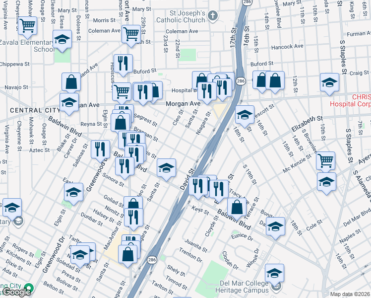 map of restaurants, bars, coffee shops, grocery stores, and more near 2509 Niagara Street in Corpus Christi