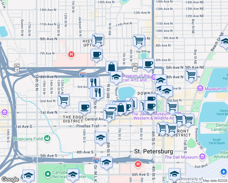 map of restaurants, bars, coffee shops, grocery stores, and more near 248 Mirror Lake Drive North in St. Petersburg