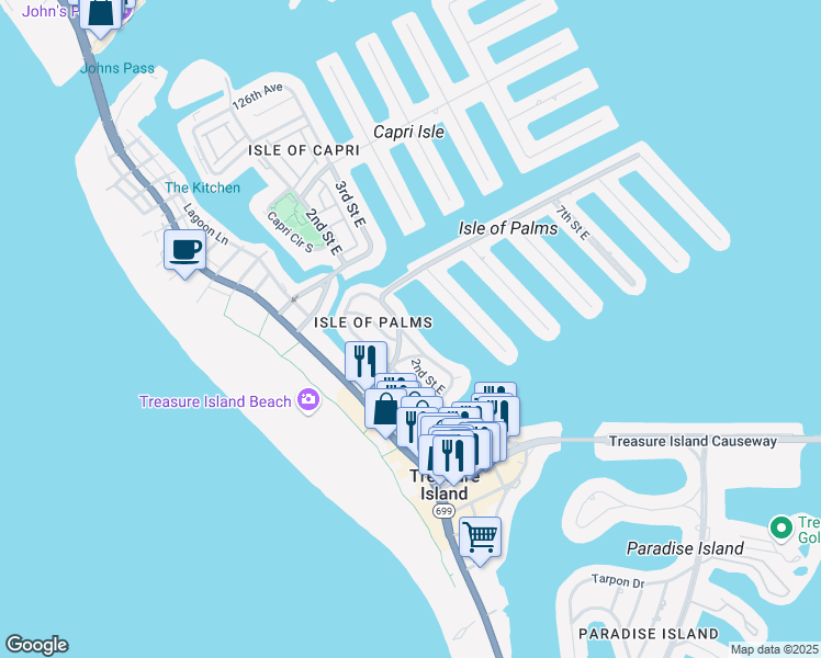 map of restaurants, bars, coffee shops, grocery stores, and more near 11211 3rd Street East in Treasure Island