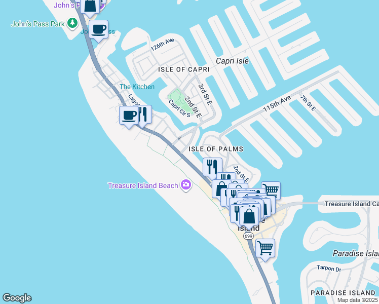 map of restaurants, bars, coffee shops, grocery stores, and more near 11580 Gulf Boulevard in Treasure Island