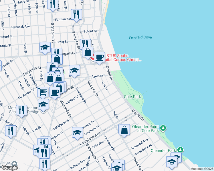 map of restaurants, bars, coffee shops, grocery stores, and more near 1810 2nd Street in Corpus Christi