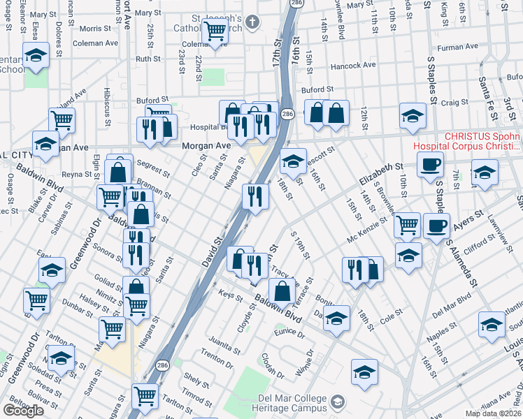 map of restaurants, bars, coffee shops, grocery stores, and more near 2402 Prescott Street in Corpus Christi