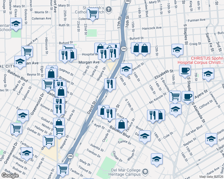 map of restaurants, bars, coffee shops, grocery stores, and more near 2402 Prescott Street in Corpus Christi