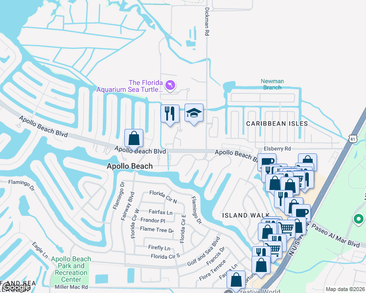 map of restaurants, bars, coffee shops, grocery stores, and more near 6501 Quiet Pool Court in Apollo Beach