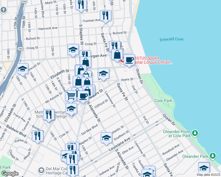 map of restaurants, bars, coffee shops, grocery stores, and more near 345 Palmero Street in Corpus Christi