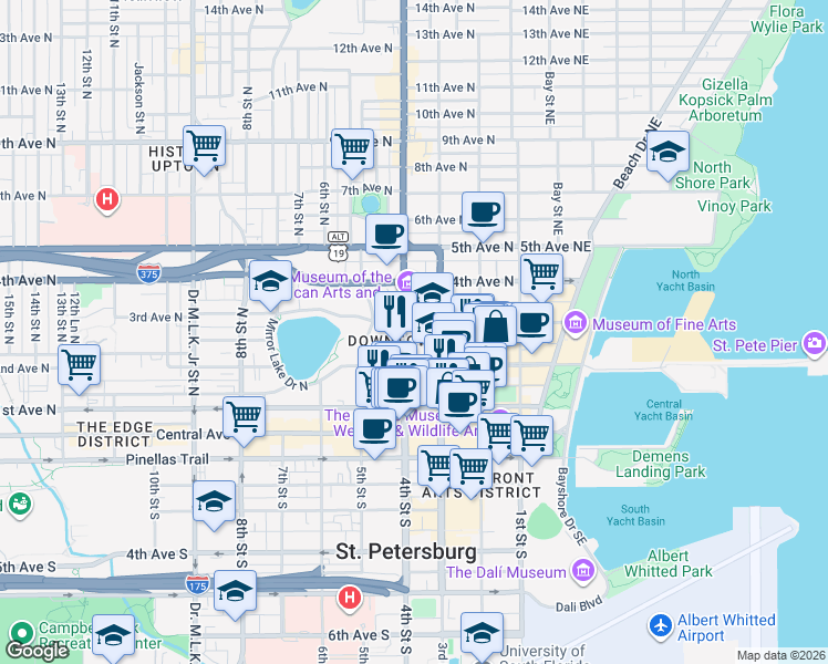 map of restaurants, bars, coffee shops, grocery stores, and more near 219 4th Street North in St. Petersburg