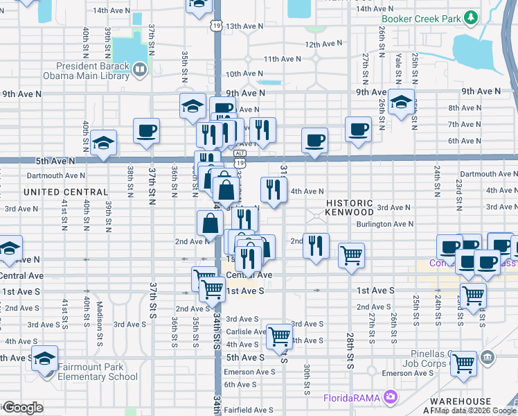 map of restaurants, bars, coffee shops, grocery stores, and more near 3201 3rd Avenue North in St. Petersburg