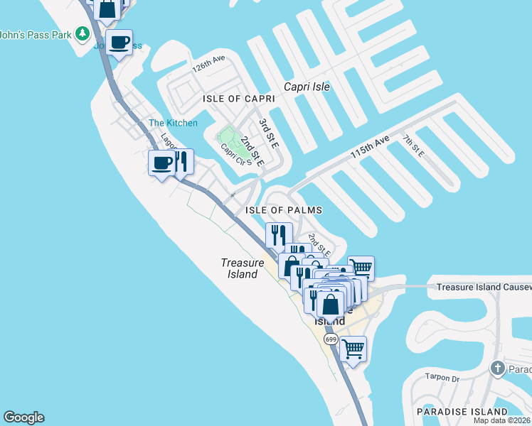 map of restaurants, bars, coffee shops, grocery stores, and more near 11420 1st Street East in Treasure Island