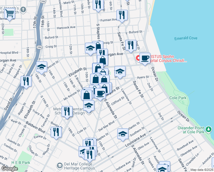map of restaurants, bars, coffee shops, grocery stores, and more near 1621 7th Street in Corpus Christi